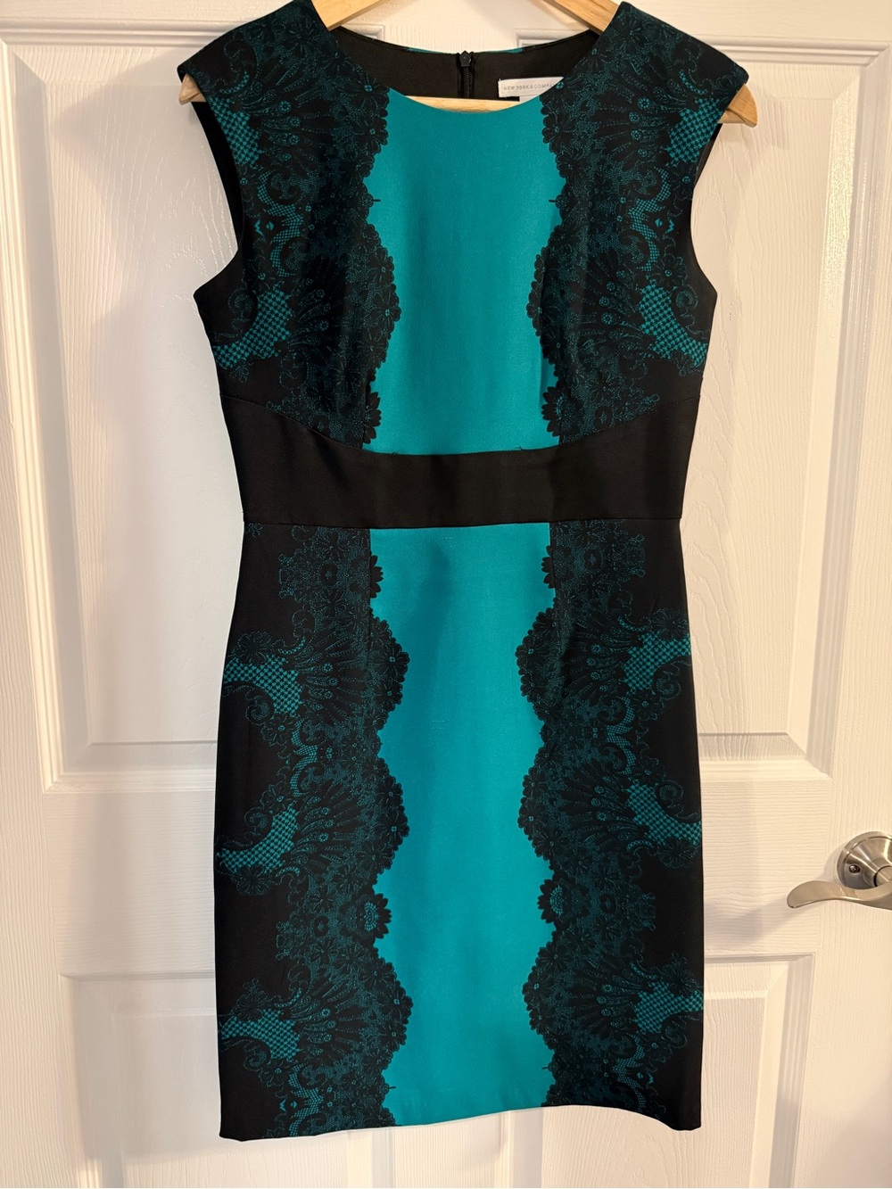 New York & Company Teal and Black Lace-Trim Sheath Dress